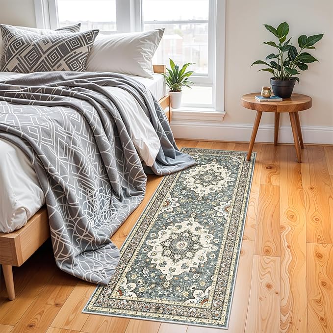 Washable Oriental Hallway Runner Rug - 2x6 Rugs for Living Room Soft Carpet for Bedroom Kitchen Waterproof Floral Distressed Indoor Stain Resistant Non-Shedding Floor Carpets (Blue, 2X6)