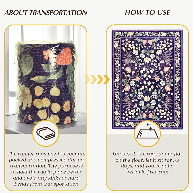 Area Rugs for Living Room, Washable 5x7 Vintage Rug for Bedroom, Non-Slip Floral Carpet for Home Office Nursery Dining Room Kitchen, Purple