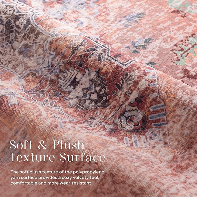 Phantoscope Vintage Collection Area Rug 5'x7' for Living Room - Washable Rug Large Boho Carpet Non-Slip for Bedroom Dining Room, Indoor Low-Pile Neutral Distressed Accent Rug, Rust/Multi