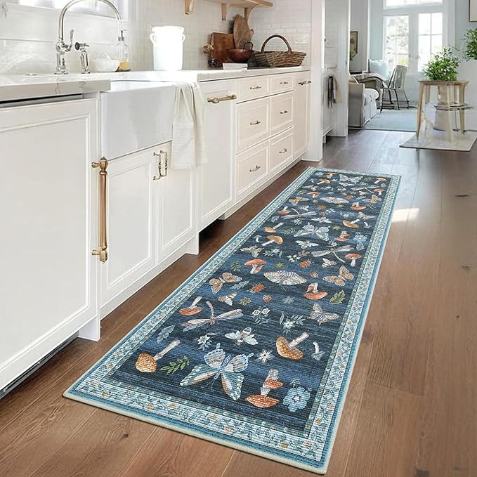 2.5x8 Runner Rug for Hallway Washable Kitchen Rugs Non Slip with Rubber Back Mushroom Soft Low-Pile Stain Resistant Foldable Indoor Carpet for Entryway Laundry Room Floor Mats Blue
