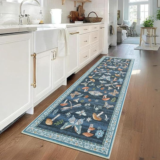 2.5x8 Runner Rug for Hallway Washable Kitchen Rugs Non Slip with Rubber Back Mushroom Soft Low-Pile Stain Resistant Foldable Indoor Carpet for Entryway Laundry Room Floor Mats Blue