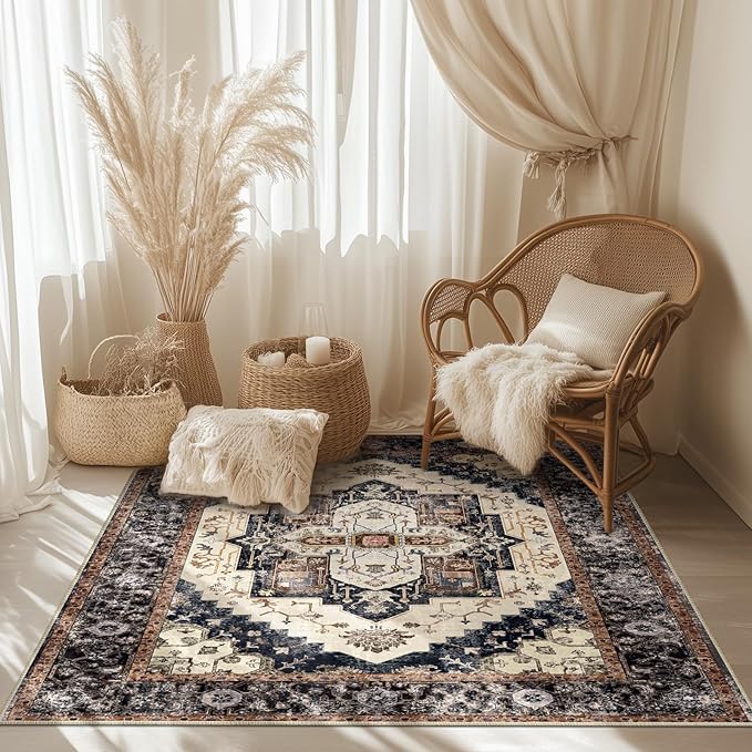 Washable 6x9 Area Rugs, Rugs for Living Room, Low-Pile Water&Stain Resistant Carpet Vintage Distressed Printed Non-Slip Carpet for Bedroom Bathroom Kitchen-Light Yellow/Choco/Brown/Navy Blue