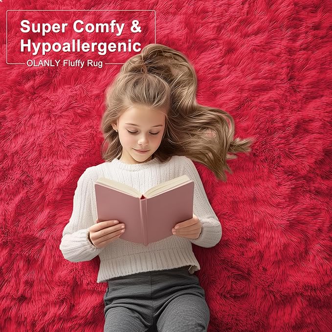 OLANLY Area Rugs for Living Room Bedroom, Machine Washable 4x5.9 Feet Soft Fluffy Shaggy Bedside Rug, Indoor Floor Carpet for Kids Girls and Boys, Dorms, Nursery Rooms, Home Decor Aesthetic, Red
