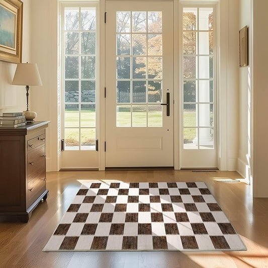 EVERGRACE Checkered Plaid Area Rug 3x5, Soft Fuzzy Faux Wool Rugs Washable Anti Slip Rugs Small for Entryway Bedroom Living Room Hallway Kitchen Dining Room and Laundry Room, Dark Brown and White