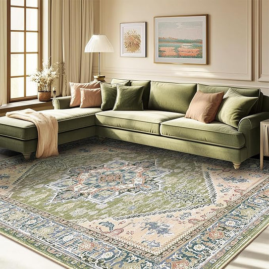 BESTSWEETIE 6x9 Area Rugs for Living Room Washable Non Slip Carpet Low Pile Soft Vintage Print Pattern Rug for Bedroom Dining Room Kitchen Entryway Indoor-Green/Light tan/Blue/Grey