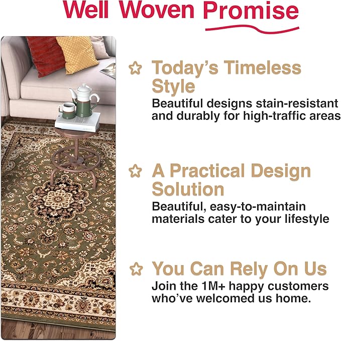 Well Woven Barclay Collection Medallion Kashan Green 5 ft Round Rug - for Living Room, Bedroom, and Dining Room