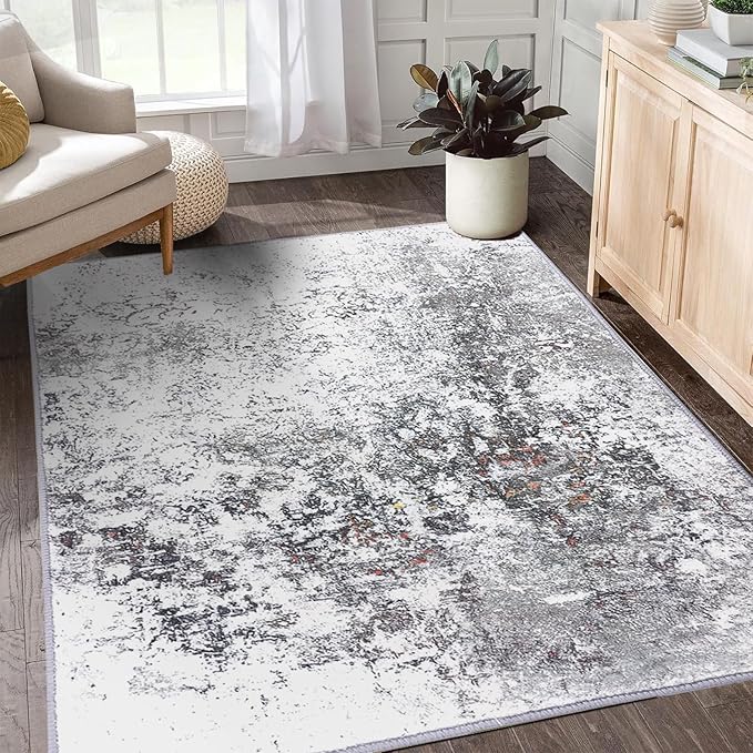 Washable Area Rug Living Room Rugs 5x7 Grey Kitchen Accent Rug Large Soft Abstract Rug Non-Slip Non-Shedding Low-Pile Indoor Floor Carpet for Bedroom Office Dining Room