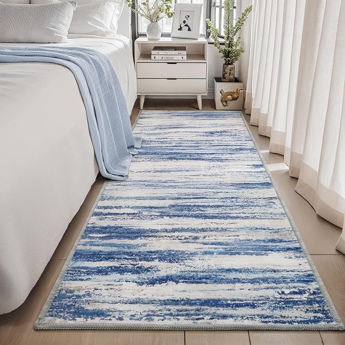 tchdio 2x6 Runner Rug, Machine Washable Runner Rug Modern Abstract Area Rug, Non Slip Rug Runners for Hallways, Soft Indoor Carpet Runner for Bedroom Office Dorm Rug, Blue Rug