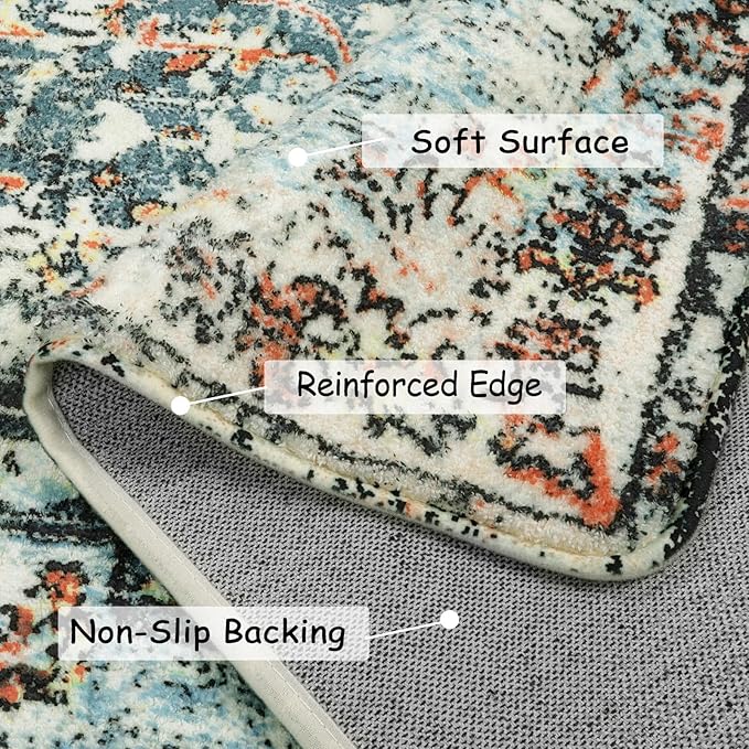 Lahome Bohemian Floral Medallion Area Rug - 2x3 Vintage Teal Distressed Small Entryway Rug Turkish Doormat Faux Wool Non-Slip Washable Low-Pile Carpet for Bathroom Kitchen Laundry Room Decor
