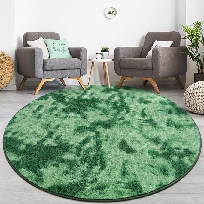 Lascpt Round Rug for Bedroom 7x7, Tie-Dyed Green Circle Rug for Living Room Super Soft Thicken Memory Foam Circular Rug, Indoor Area Rug for Modern Home Decor, Round Carpet for Nursery Kid's Room