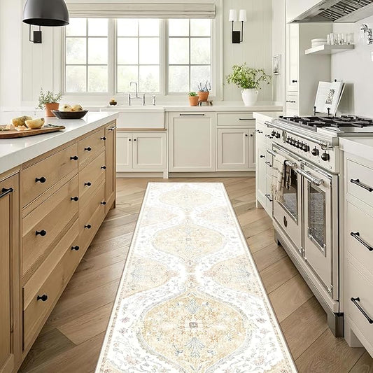 2x8 Rug, Washable Vintage Boho Carpet, Non Slip Low Pile Water Repellent Soft Print Pattern Indoor Rug for Living Room & Bedroom, Cream Yellow