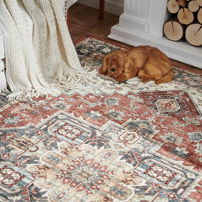 jinchan Area Rug 5x7 Entryway Washable Rug Soft Thin Vintage Low Pile Non Slip Distressed Carpet Indoor Oriental Medallion Rug for Bedside Bathroom Bedroom Laundry Room Dining Room Terra Red Multi
