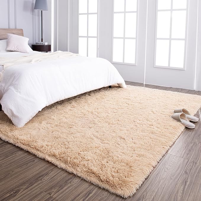 TWINNIS Super Soft Shaggy Rugs Fluffy Carpets 6x9 Feet, Indoor Modern Plush Area Rugs for Living Room Bedroom Kids Room Nursery Home Decor, Upgrade Anti-Skid Rectangular Fuzzy Rug, Light Tan