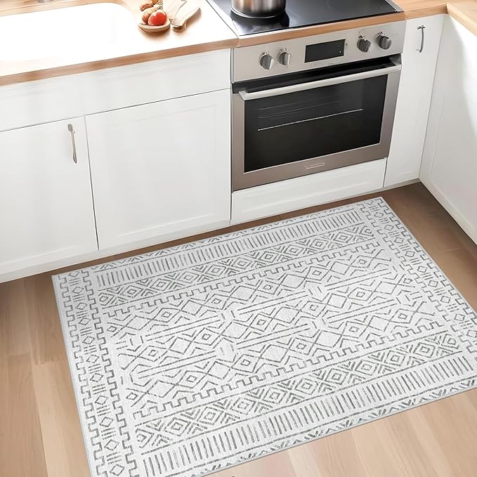 2x3 Rug Entryway Rugs: Washable Boho Small Geometric Moroccan Printed Pattern Rug Modern Indoor Soft Non Slip Ultra Thin Front Door Mat for Kitchen Bedroom (BeigeGray, 2'x3')