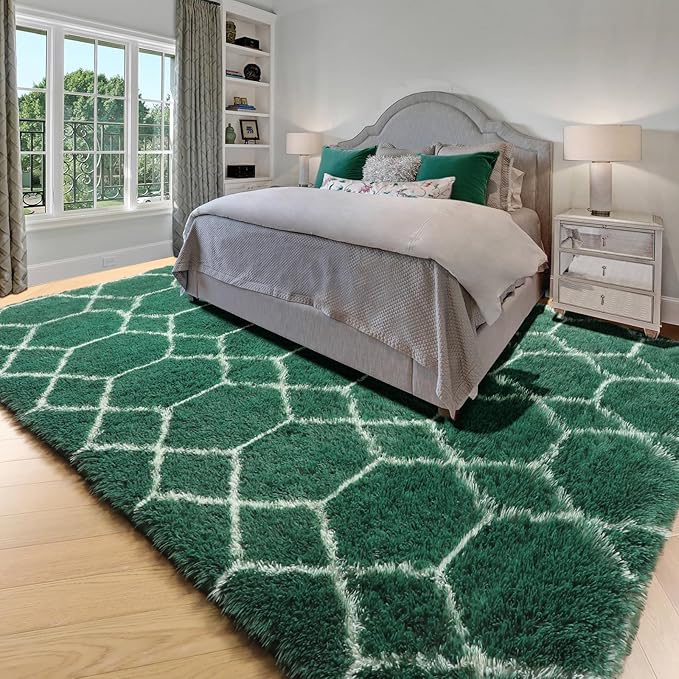 ONASAR Area Rugs 4x6 for Bedroom Living Room, Fluffy Geometric Moroccan Dark Green and White Trellis Rug for Home Decor, Soft Shaggy Plush Floor Carpet for Kids Teen Nursery Dorm Office
