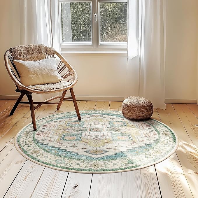 Washable 4ft Area Rugs, Rugs for Living Room, Low-Pile Water&Stain Resistant Carpet Vintage Distressed Printed Non-Slip Carpet for Bedroom Bathroom Kitchen-Grass Green