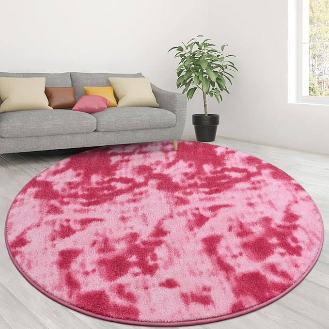 Lascpt Round Rug for Bedroom 4x4, Tie-Dyed Pink Circle Rug for Living Room Super Soft Thicken Memory Foam Circular Rug, Indoor Area Rug for Modern Home Decor, Round Carpet for Nursery Kid's Room