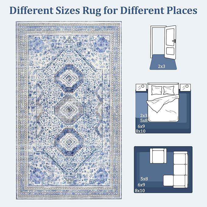 Maxsoft 8x10 Area Rug,Vintage Machine Washable Rugs for Living Room, Soft Non-Slip Low Pile Rug, Stain Resistant Rugs for Kitchen, Bedroom, Dining Room,Laundry Room,Nursery (Light Purple)