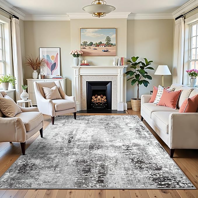 3x5 Dark Grey Washable Area Rug for Living Room Bedroom, Modern Abstract Non-Slip Rugs, Low Pile Soft Stain Resistant Carpet for Dining Room, Kitchen, Office, Dorm, Bedside Decor
