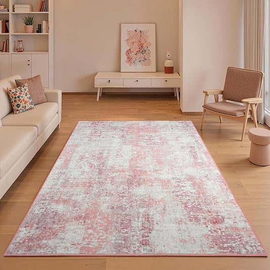 4x6 Pink Washable Area Rug for Living Room Bedroom, Modern Abstract Non-Slip Rugs, Low Pile Soft Stain Resistant Carpet for Dining Room, Kitchen, Office, Dorm, Bedside Decor
