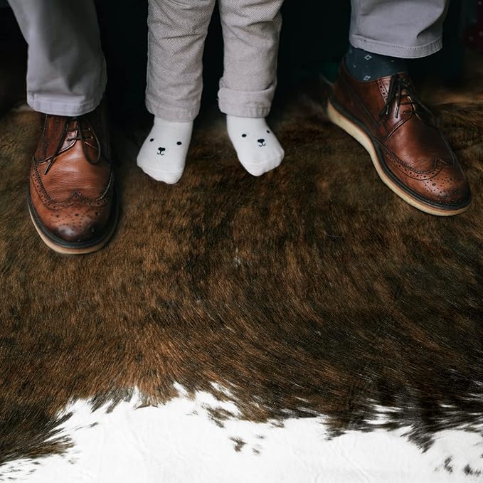 AROGAN Premium Faux Cowhide Rug 4.6 x 5.2 Feet, Sturdy and Large Size Cow Print Rugs, Suitable for Bedroom Living Room Western Decor, Faux Fur Animal Cow Hide Carpet, Saddle Brown