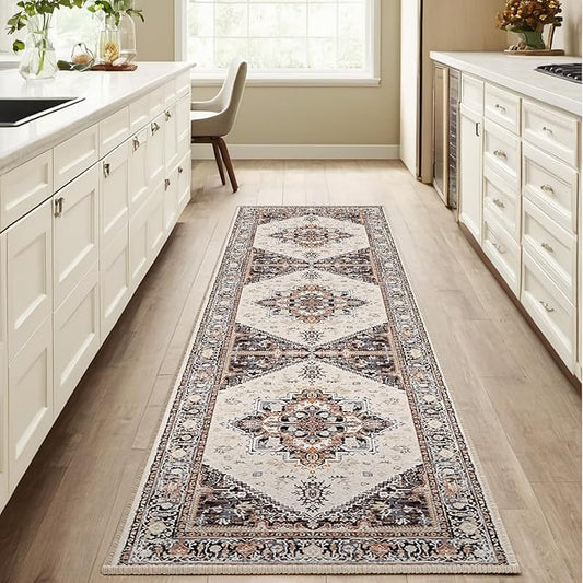 BESTSWEETIE 2x8 Area Rugs for Living Room Washable Non Slip Carpet Low Pile Soft Vintage Print Pattern Rug for Bedroom Dining Room Kitchen Entryway Indoor-Khaki/Beige/Purple/Black/Brick