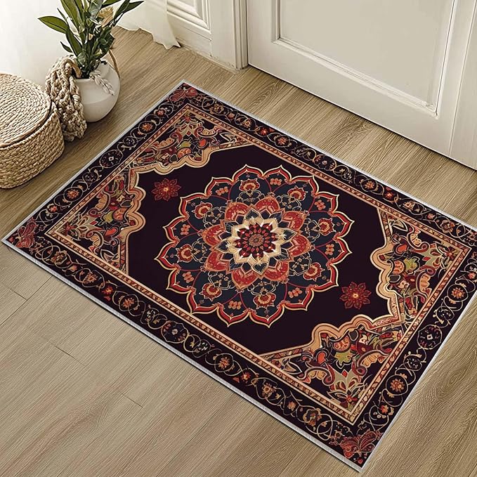 2x3 Entryway Rug Boho Black Red Vintage Oriental Area Rug Thin Small Carpet Bathroom Non Slip Indoor Entrance Low Pile Door Mat Kitchen Stain Resistant Washable Machine