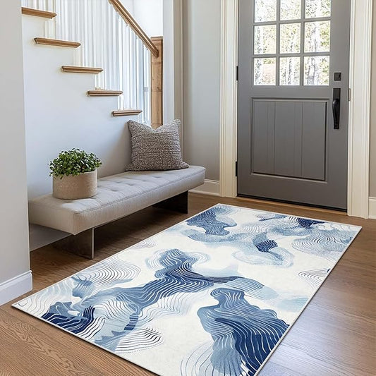 3x5 Entryway Rug Abstract Minimalist Blue White Small Area Rug Bedroom Bedside Thin Carpet Bathroom Non Slip Indoor Entrance Low Pile Door Mat Kitchen Stain Resistant Washable Machine
