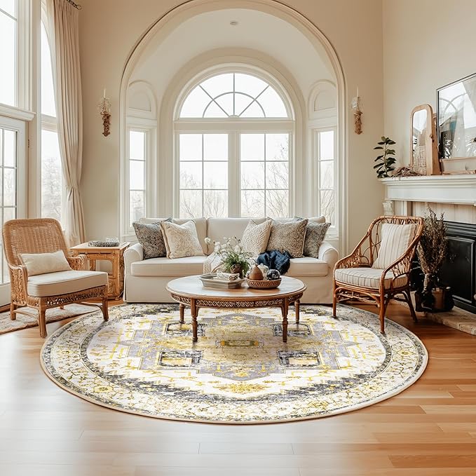 Washable 8ft Area Rugs, Rugs for Living Room, Low-Pile Water&Stain Resistant Carpet Vintage Distressed Printed Non-Slip Carpet for Bedroom Bathroom Kitchen-Grey Yellow