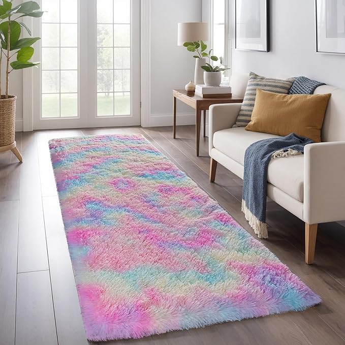 Zentavio Bedside Rugs for Girls Room 2x6 Runner Rugs for Hallway Bedroom Non Slip Fluffy Soft Shaggy Carpet for Kids Home Decor Aesthetic Dorm Nursery Rainbow