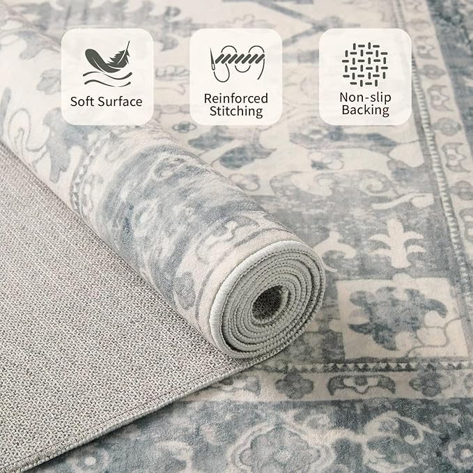 3x5 Washable Entryway Rug, Non Slip Boho Runner Rugs for Hallway, Entrance, Kitchen, Bathroom, Laundry Room, Soft Entryway Carpet, Throw Low Pile Retro Imitation Wool Carpet, Light Blue Grey