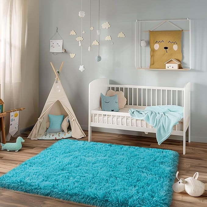 3x5 Rugs for Bedroom, Fluffy Area Rugs for Living Room, Soft Shag Kids Rug Small Carpet with 4 Non-Slip Rug Pads (Turquoise Blue, 3ft x 5ft)