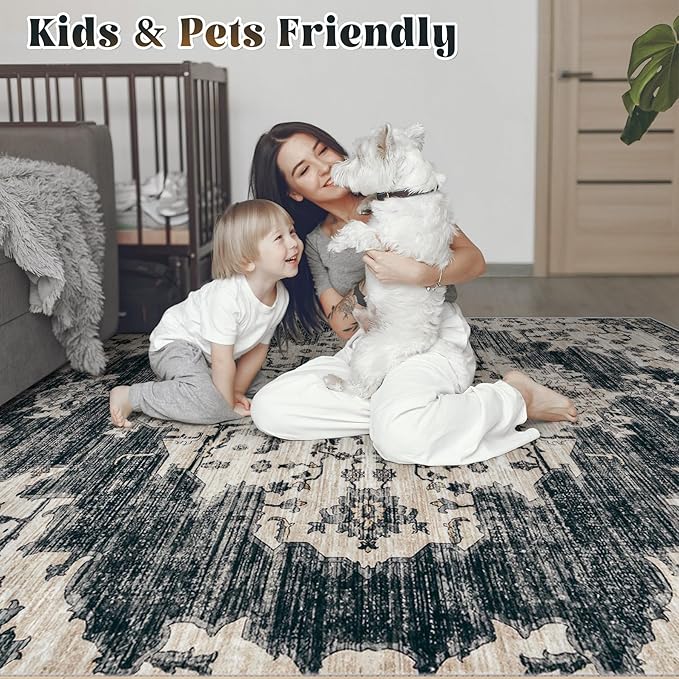 10x14 Area Rugs Washable Rug: Large Vintage Living Room Rugs with Non-Slip Backing Low Pile Rug Soft Indoor Floor Carpet Non Shedding Neutral Carpet for Bedroom Dining Room Farmhouse Nursery Black