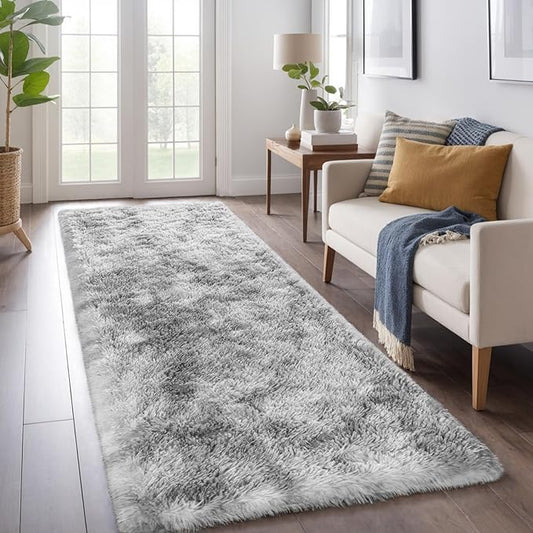 Zentavio Runner Rugs for Hallway 2x6 Shag Soft Bedroom Bedside Rugs Non Slip Fluffy Carpet for Kids Girls Boys Home Decor Aesthetic Dorm Nursery Tie-Dyed Grey White