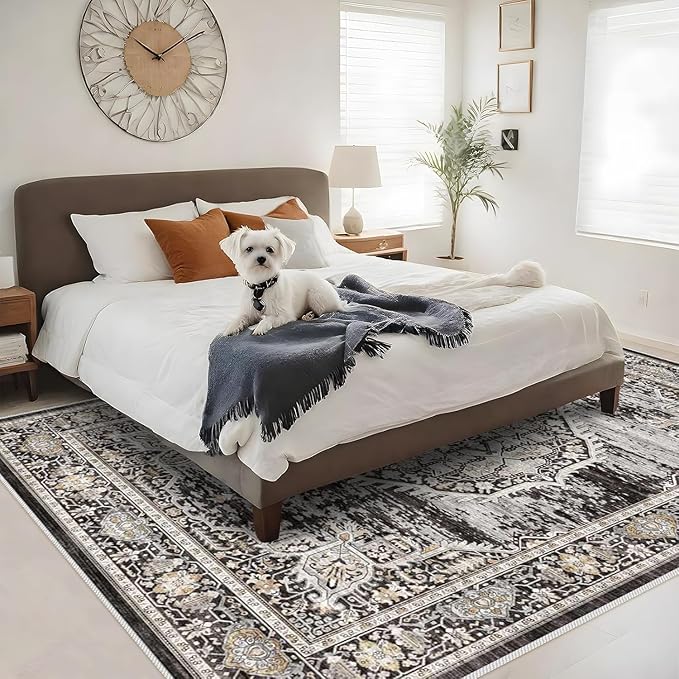Washable Rugs 7x9 Area Rug：Large Rugs for Living Room - Oriential Distressed Printed Floral Carpet - Non Slip with Rubber Backing Area Rug 7'x9' Black