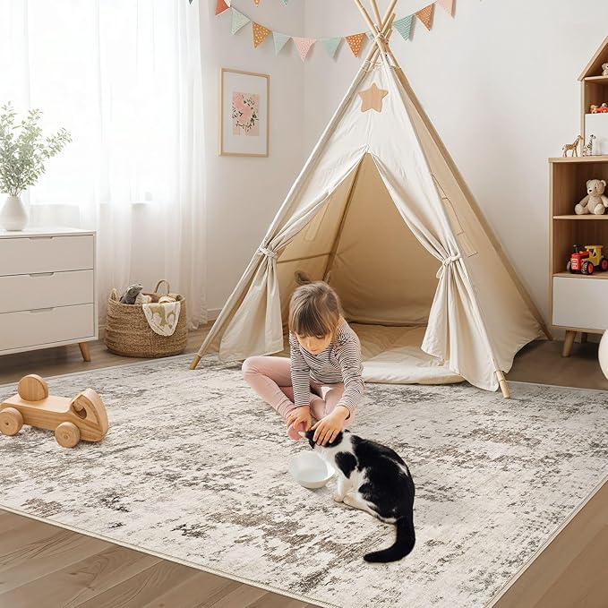 3x5 Area Rug Living Room Rugs - Washable Neutral Modern Abstract Soft Thin Rug Indoor Floor No Slip Rug Carpet for Bedroom Under Dining Table Home Office Decor - Dark Brown