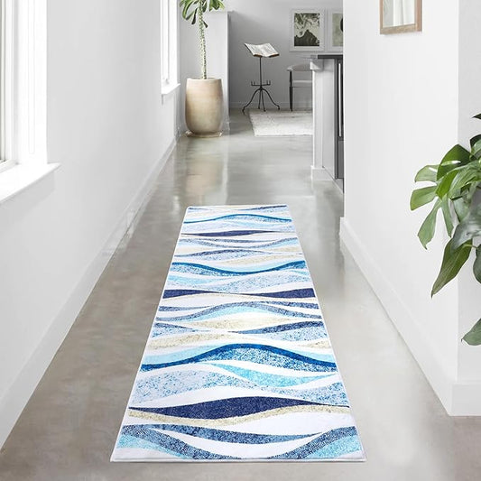 Carvapet Rugs for Hallway Laundry Bedroom, Modern Floral Low Pile Long Carpet with Rubber Backing, Foldable, Non Slip Machine Washable (8 x 2 Feet Rectangular, Blue Runner Rug)
