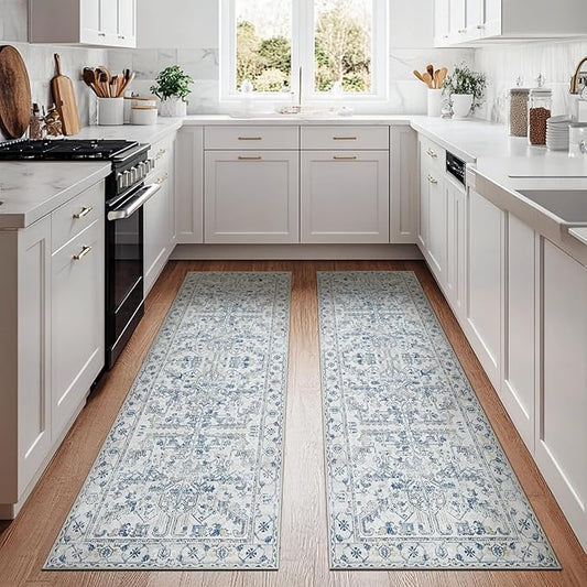 jinchan Kitchen Runner Rug 3x8-2pcs, Bohemian Hallway Washable Rug Floral Non Slip with Rubber Backing Vintage Carpet Runner for Bedroom Bathroom Laundry Room Living Room Decor Blue