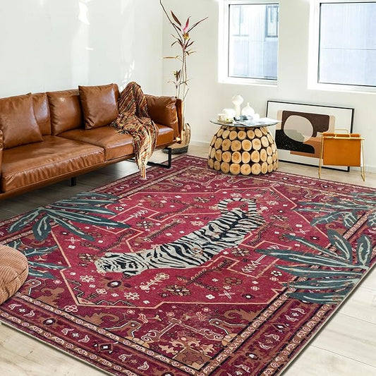 Tribal Rugs Summer Tropical 6x9 Area Rugs Wine Red Traditional Boho Vintage Oriental Rug Carpet for Bedroom Kitchen Dining Living Room Indoor Entryway Washable