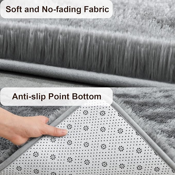 TWINNIS Super Soft Shaggy Rugs Fluffy Carpets, 4x5.9 Feet, Indoor Modern Plush Area Rugs for Living Room Bedroom Kids Room Nursery Home Decor, Upgrade Anti-Skid Rectangular Fuzzy Rug, Grey Black