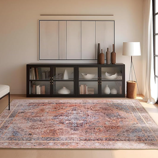 Phantoscope Vintage Collection Area Rug 5'x7' for Living Room - Washable Rug Large Boho Carpet Non-Slip for Bedroom Dining Room, Indoor Low-Pile Neutral Distressed Accent Rug, Rust/Multi