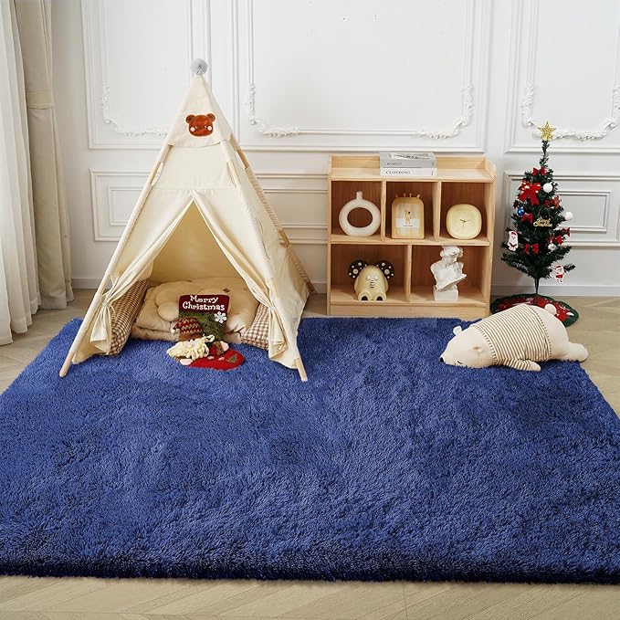Blue Fluffy Rug Shaggy Area Rug, 3x5 Area Rugs for Girls Bedroom, Soft Cute Baby Play Mat, Indoor Floor Carpet for Teen, Nursery, Preppy Dorm, Plush Aesthetic Bedside Rug