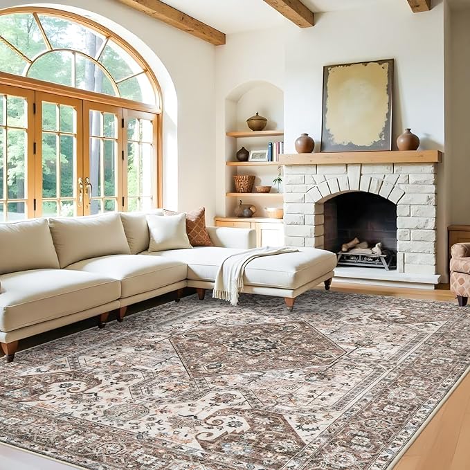 Washable 8x10 Large Area Rug: Oriental Stain Resistant Rugs for Living Room Medallion Non-Slip Carpet for Dining Room Soft Distresses Floor Mat for Bedroom Home Office 8x10 Brown