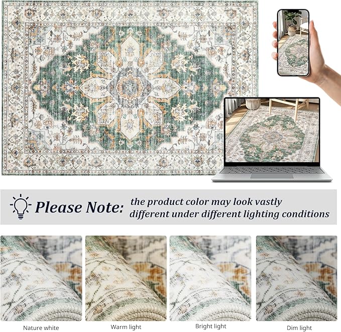 Green Area Rug 2x3 Small Vintage Rug, Ultra-Thin Washable Entryway Rug Soft Non Slip Bathroom Mat Oriental Medallion Indoor Accent Throw Carpet for Kitchen Sink Bedroom Laundry Room