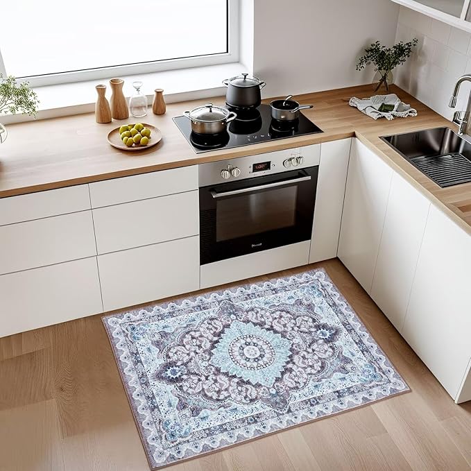 2x3 Small Area Rug for Entryway, Soft Washable Rugs with Non-Slip Backing for Bedroom Kitchen, Vintage Throw Carpet Laundry Entry Door Decor, Blue & Brown