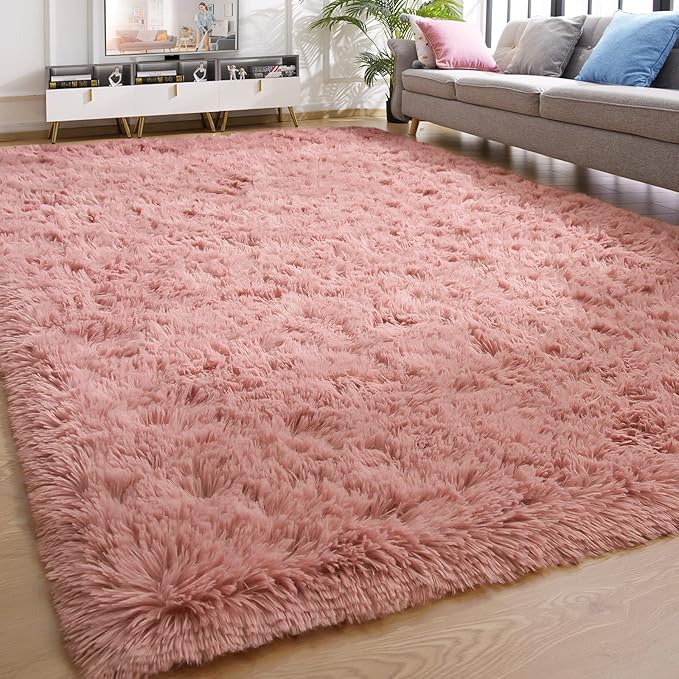 YJ.GWL Area Rugs for Living Room Bedroom, 9x12 Machine Washable Large Dirt Pink Carpet, Soft Fluffy Shaggy Thick Big Shag Indoor Floor Rug for Kids Boy and Girls Room Dorm Home Decor Aesthetic