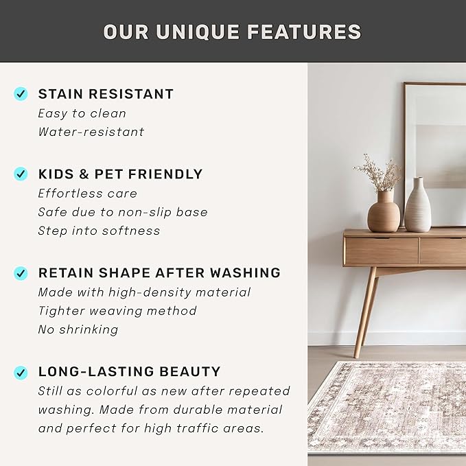 Washable Neutral Farmhouse Large Entryway Rug, 3x5 Area Rugs for Kitchen, Bedroom, Laundry Room, Nursery Room, Boho Vintage Floral Non-Slip Throw Rug Low Pile Stain Resistant (3x5 Beige/Latte)