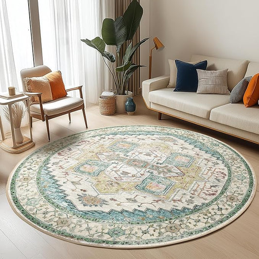 Washable 6ft Area Rugs, Rugs for Living Room, Low-Pile Water&Stain Resistant Carpet Vintage Distressed Printed Non-Slip Carpet for Bedroom Bathroom Kitchen-Grass Green