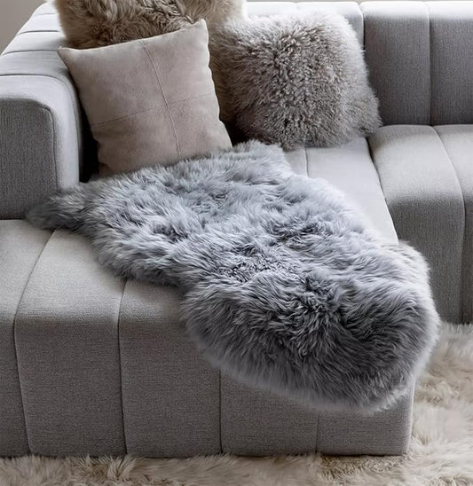 HUAHOO Premium Genuine Sheepskin Rug Grey Real Australia Sheepskin Natural Lambskin Fur Area Rug Seat Covers for Kids Bedroom Sofa Chair Cover Pets Dogs Mat Single Pelt/2'x 3' Silver Grey