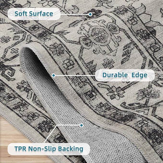 Dripex 8x10 Area Rugs, Machine Washable Non Slip Distressed Boho Rugs,Large Area Rug for Bedroom Aesthetic, No Pile Lightweight Vintage Rug, Carpet for Living Room Dining Room Apartment Den,Grey